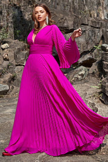 Une ligne Deep V Neck Dark Fuchsia Plus Taille Robe de bal avec manches longues